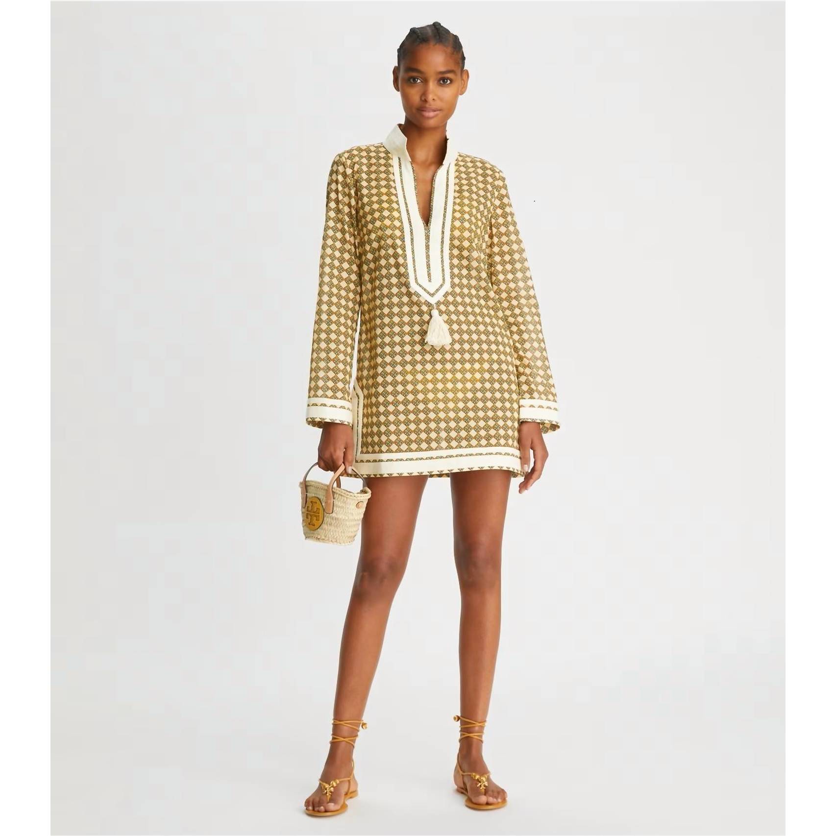 New Tory Burch Printed Tory Tunic In 3d Checkered Logo Lime